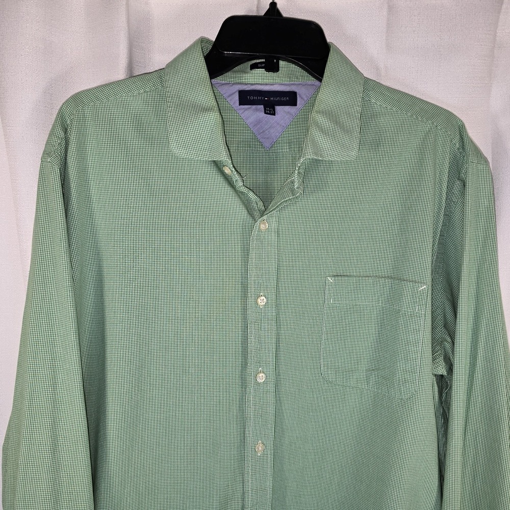 Tommy Hilfiger Green Gingham Check Button Up Long Sleeve Slim Fit Dress Shirt